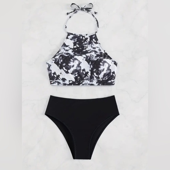 Fashion Womens 2pc Black Tie Dye Bralette High Waisted Bikini Set Size XXL - Picture 1 of 11